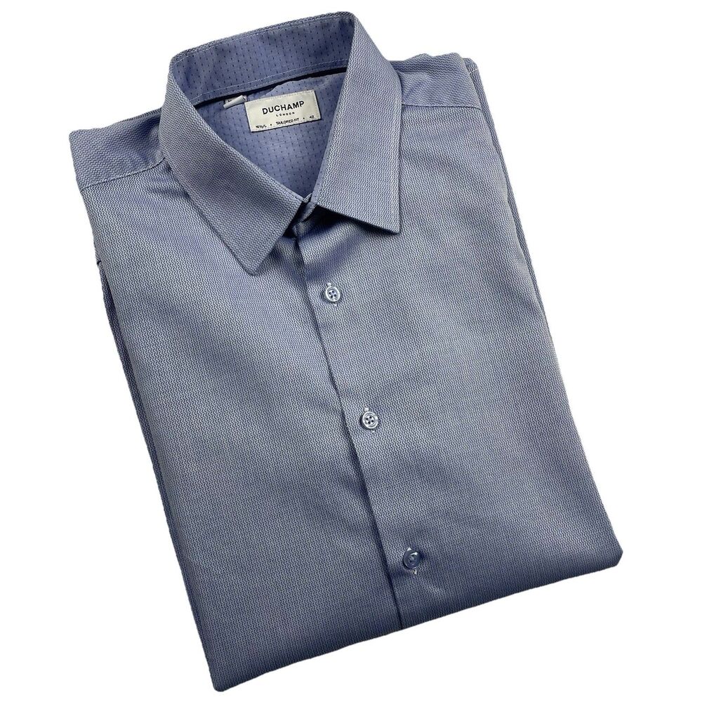 Duchamp London Men’s Long Sleeve Button Down Shirt Slim Fit Blue-L 16 1/2 (42)